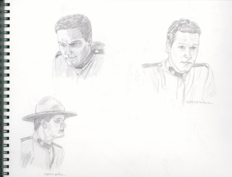 three sketches of Fraser in uniform